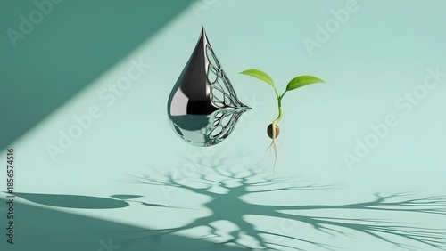 Modern Liquid Mercury Seedling Morphing with Roots Shadow on Mint Background