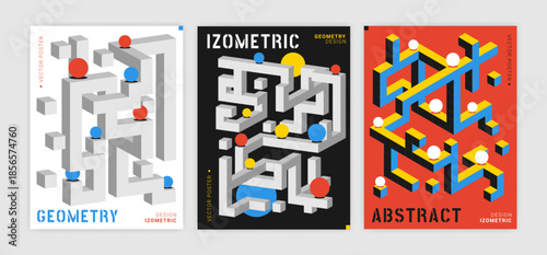 Isometric geometric poster. Abstract cube pattern. 3D perspective design. Colorful structure shape, modern banner. Construction concept template. Vector garish minimal graphic backgrounds collection