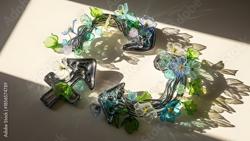Abstract Liquid Chromium Recycling Symbol with Glass Petals, Aerial View