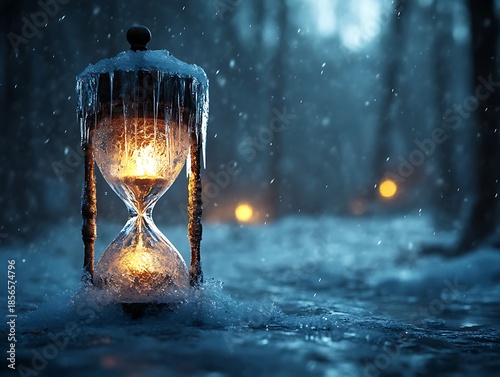Frozen time: Hourglass encased in ice, symbolizing fleeting moments in winter