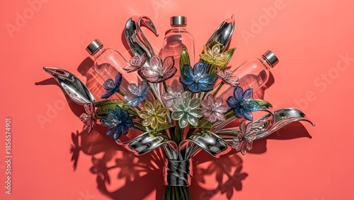 Sustainable Glass Bouquet with Mercury Ribbons on Pink Background