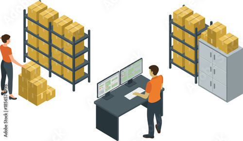 Isometric warehouse inventory management illustration, workers organizing boxes, logistics supply chain, storage, stock control, order fulfillment, distribution, business operations concept