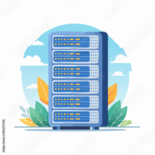 Blue Server Rack with Abstract Nature Background - Data Center Concept