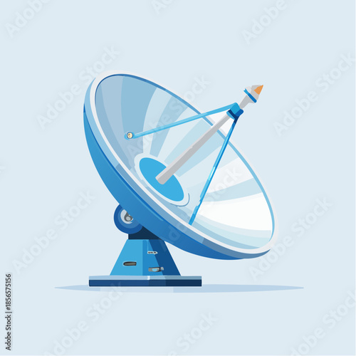 Blue satellite dish antenna on light blue background, vector illustration