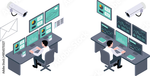 Isometric, cybersecurity, monitoring, illustration, showing, data, analysis, control, room, surveillance, technology, dashboard, system, network, security, operations, center, analytics,