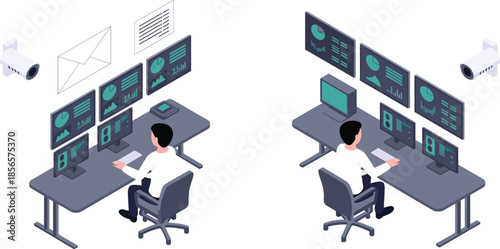 Isometric, cybersecurity, monitoring, illustration, showing, data, analysis, control, room, surveillance, technology, dashboard, system, network, security, operations, 