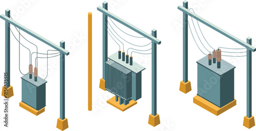 Isometric, electrical, transformers, illustration, showing, power, distribution, substation, energy, infrastructure, electricity, equipment, industrial, grid, utility, high, voltage, technology, syste