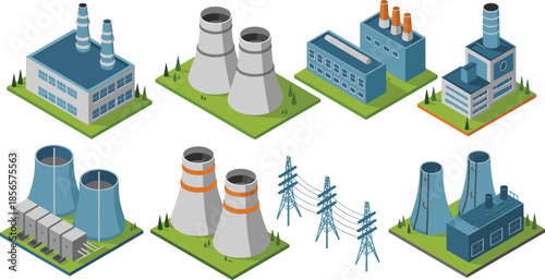 Isometric, industrial, power, plants, illustration, showing, factories, energy, generation, stations, electricity, infrastructure, cooling, towers, grid, production, facilities, technology, 