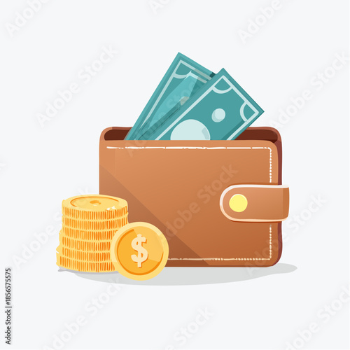 Brown leather wallet with bills and coins, financial concept, money savings