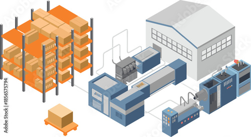Isometric, manufacturing, factory, automation, illustration, showing, warehouse, logistics, production, line, machinery, inventory, supply, chain, industrial, process, system, workflow, technology,