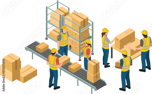 Isometric, warehouse, logistics, illustration, showing, workers, packaging, boxes, conveyor, belt, storage, distribution, center, inventory, supply, chain, shipping, fulfillment, industrial,