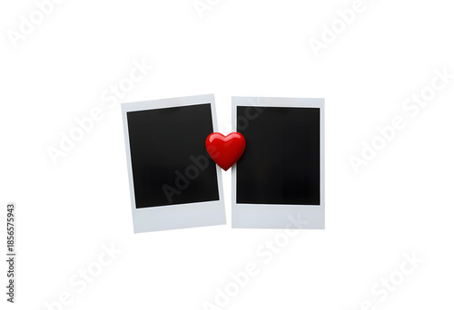 Two blank polaroid frames slightly separated with a vibrant red heart positioned centrally isolated on transparent background for valentine's day concept 