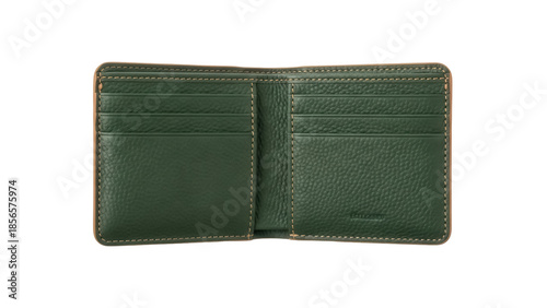 Isolated, open green leather wallet with pockets and seams, perfect for carrying cards or cash