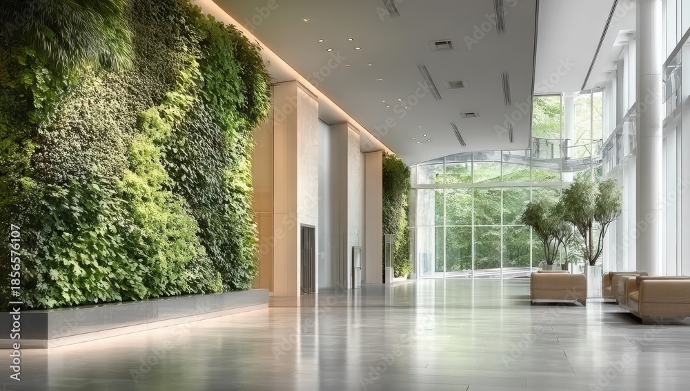 Fototapeta premium Expansive Modern Lobby Featuring Lush Vertical Garden, Polished Floors, and Bright Natural Light from Floor-to-Ceiling Windows.