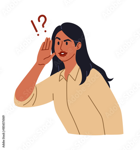 News eavesdrop. Gossip listen. Curious woman with hearing gesture. Curiosity hidden female pose. Surprised of secret story. Interested girl gossiping. Private rumor whisper. Deaf ear. Vector concept