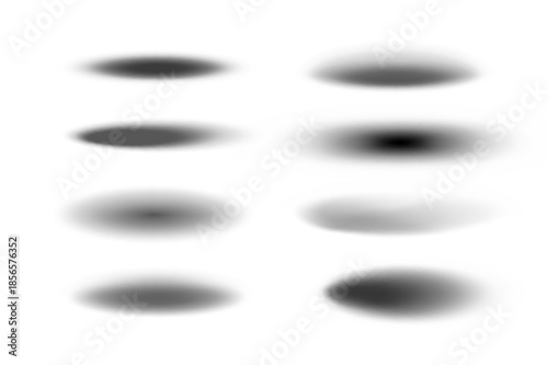 Round shadow. Graphic effect. Halftone gradient circle shape. Fading oval form. Black shade overlay from ball sphere. Abstract ellipse stain. Diffuse soft splash. Floor surface. Vector elements set