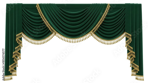 Isolated valance curtain trim, hunter green velvet fabric with gold bullion fringe detail