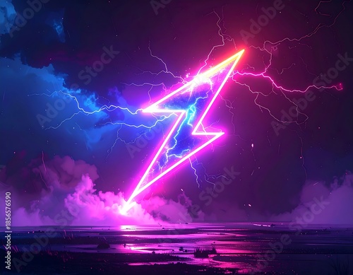 Glowing neon lightning bolt in a stormy, colorful, atmospheric scene