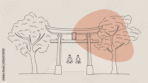 Line art illustration of people sitting in front of a japanese gate with a splash of color.