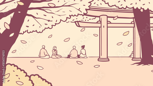 People sitting together in a temple garden with a torii gate during a breezy autumn day.