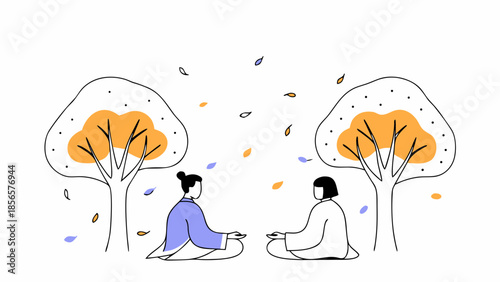 Minimalist illustration of two people meditating or sitting peacefully under autumn trees.
