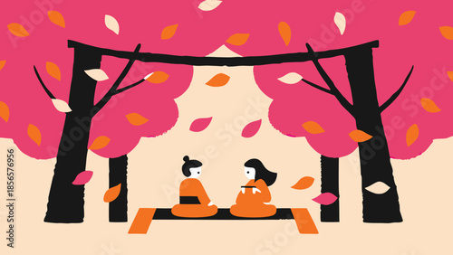 Vibrant illustration of a couple sitting under bright pink trees with falling leaves.