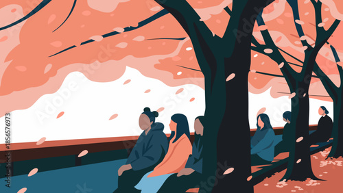 Illustration of people sitting on park benches under blooming sakura trees with falling petals in spring.