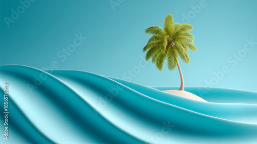 Isolated palm tree on sandy beach surrounded by blue ocean waves  