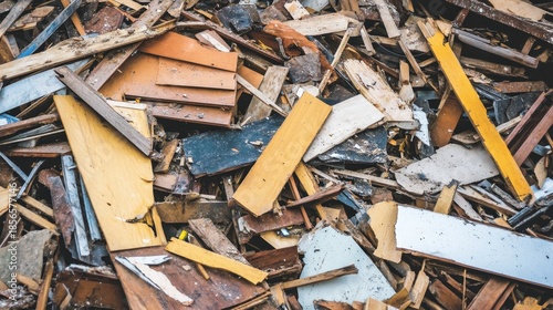 A chaotic and tangled mass of discarded wood debris and construction waste forms a textured pile of scrap materials
