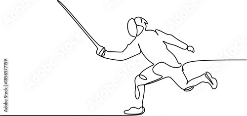 Continuous Line Art of a Fencer in Action with Foil Sword Vector