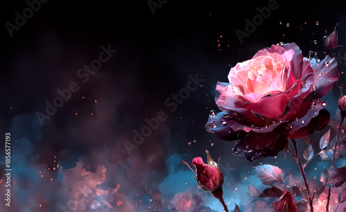 Pink Rose and Dark Background. Magical Rose Garden Backdrop. Generative AI