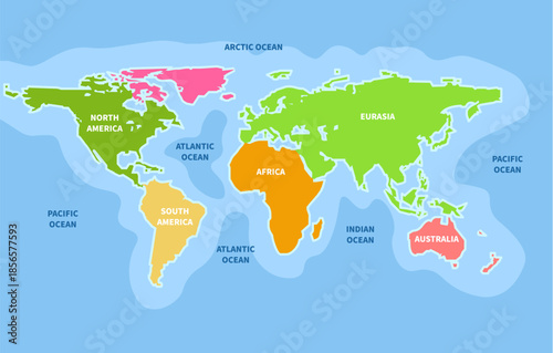 World map continent ocean cartoon. America Africa travel background country design