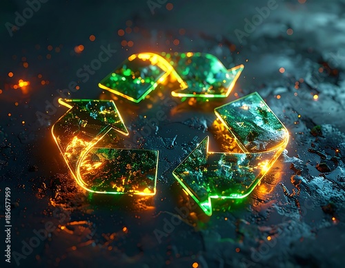 Illuminated recycling symbol on a textured, dark background