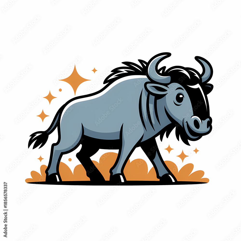 Obraz premium Cute Wildebeest Cartoon Illustration Background with Copy Space, Vibrant Colors, and Whimsical Sparkles