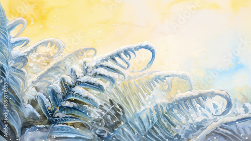 Watercolor painting of ice-covered plants with a yellow and blue sky.