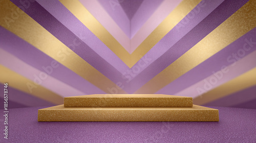 A golden pedestal stands before a purple and gold striped background.