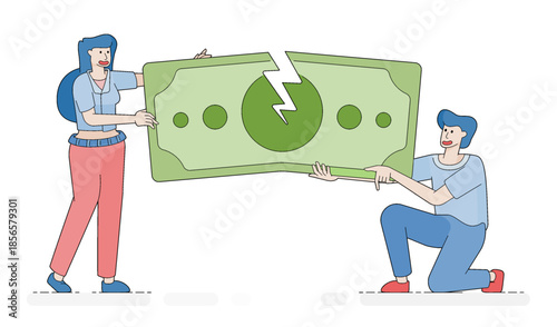 Symbolic financial scene showing torn money representing recession pressure, economic crisis signals, tax cuts, and reduced fees. Cartoon illustrations can be used for posters, websites, flyers