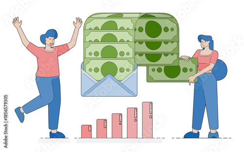 People celebrating paycheck day as they receive emails containing money for salary payments bill settlements and debt refinancing. vector cartoon illustration for posters, brochures, ads, business
