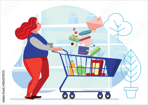 Modern Flat Illustration of a Woman Shopping with a Full Grocery Cart and Floating Icons, The design includes floating credit card and wallet icons, symbolizing modern consumerism, smart shopping