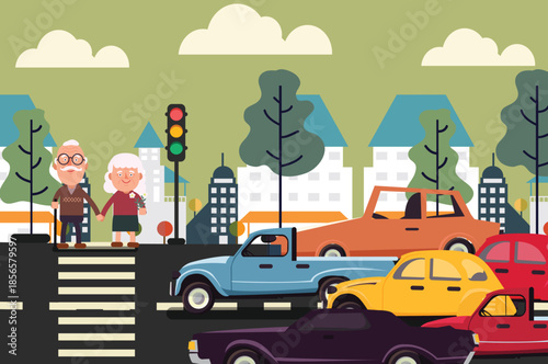 Colorful Cartoon Illustration of an Elderly Couple Crossing a Busy City Street with Traffic, image highlights urban life, road safety, and companionship in a friendly, approachable style.
