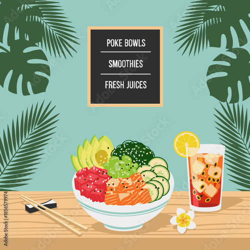 hawaiian poke bowl lunch with tropical juice