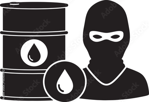 Black and white of a masked person holding an oil barrel with a drop symbol also transparent background