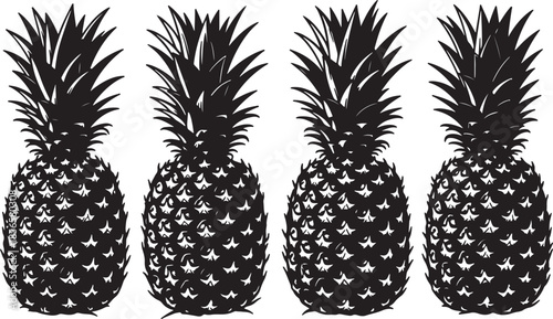 Four black and white pineapple with detailed leaf patterns also transparent background fruit tropical