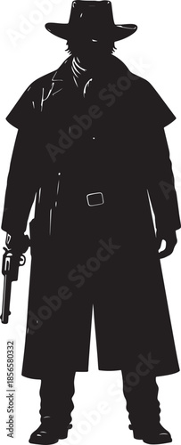 Silhouette of a Person Wearing a Hat and Coat Holding a Gun also transparent background