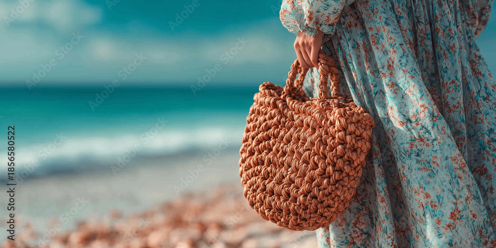 Naklejka premium Boho straw bag summer fashion accessory