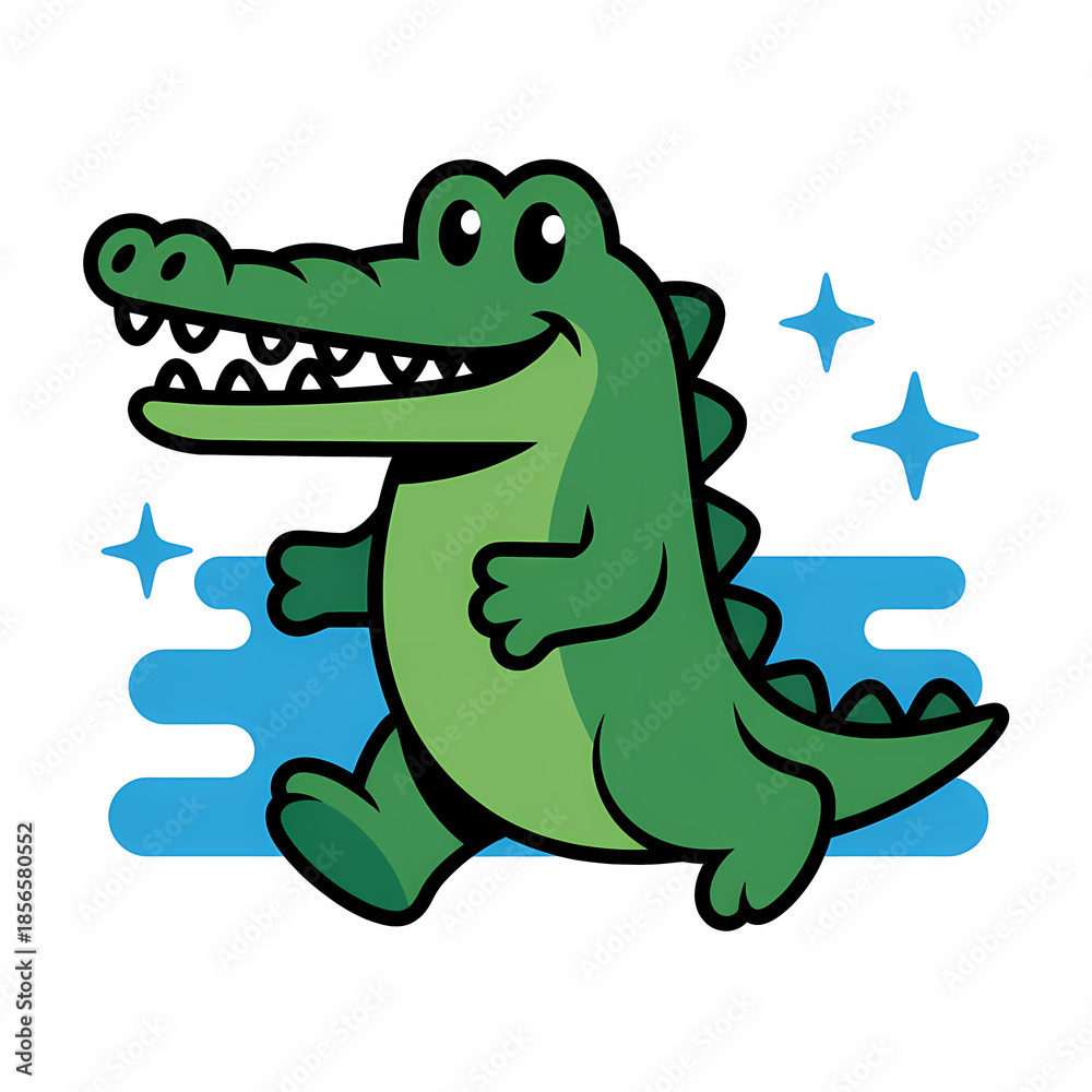 Fototapeta premium Cute green cartoon alligator running happily with blue water splashes and sparkling stars, perfect for a fun and energetic background or wallpaper illustration.