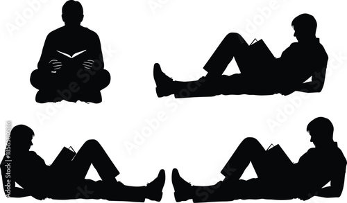 Black silhouettes of people in various relaxed positions reading books including sitting cross legged and lying down on their backs