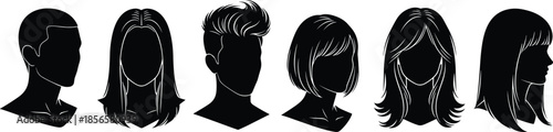 Collection of diverse human head silhouettes featuring various hairstyles for men and women, perfect for profile icons and identity design concepts