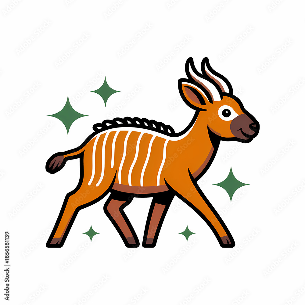 Fototapeta premium Cute Bongo Antelope Cartoon Illustration with Sparkles, Perfect for Children's Books, Wildlife Education, and Whimsical Designs - Copy Space Included