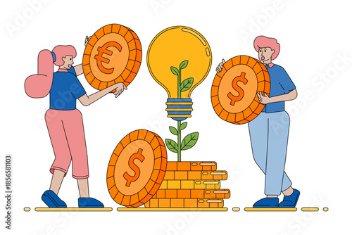 growth brainstorming with coins and growing plants showing creative financial ideas and rising investment potential vector cartoon. Can be used for cartoon, website, banner, brosur, flayer